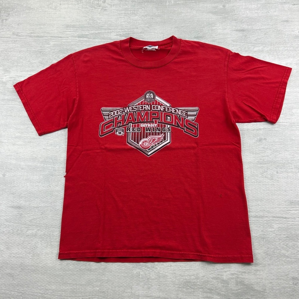 Vintage 2002 Detroit Red Wings Shirt Size Large Red NHL Hockey Conference Champs